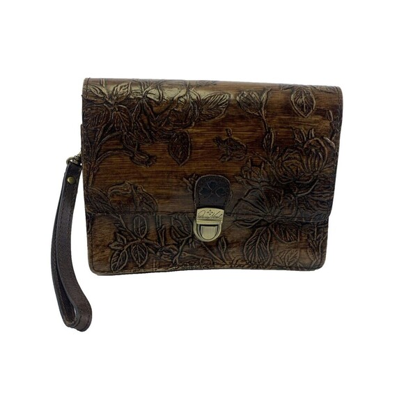Patricia Nash Lanza Rose Tooled Leather Clutch Wristlet Brown Clasp Flap Small - Picture 1 of 16